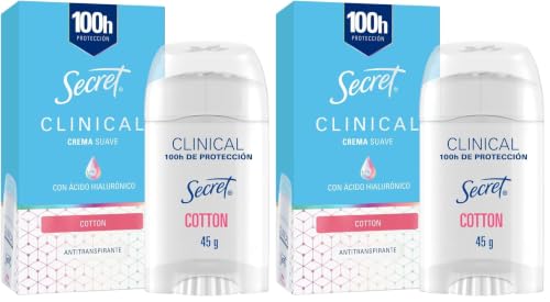 SECRET, Desodorante Mujer, Desodorante Clinical con Ácido Hialurónico, Crema Suave, Powder Protect Cotton, 45 Gr (Paquete de 2)