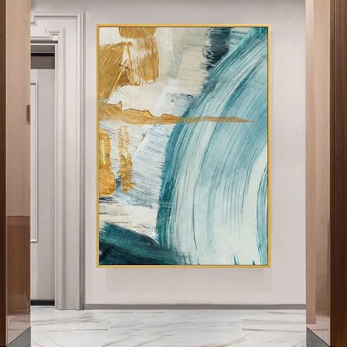 Peinture abstraite géométrie dorée sur toile haut de gamme 80x138cm avec cadre