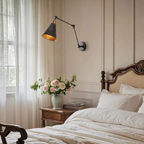 JONATHAN Y 7" Rustic Dark Gray/Brass Gold Classic Industrial Metal Adjustable Arm LED Wall Sconce for Bedside Reading, Farmhouse Swing Arm Wall Lamp with Metal Shade, Hardwired (JYL7462D) by JONATHAN Y - Image 5