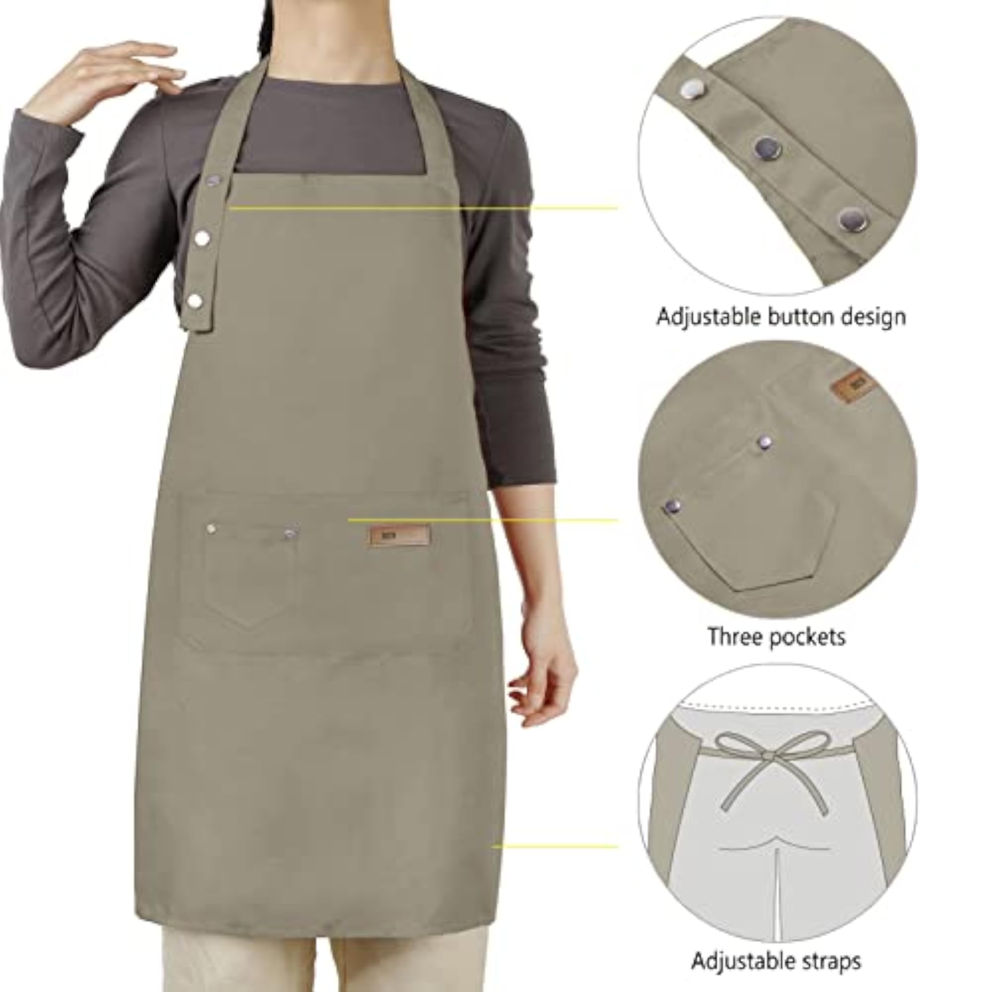 Adjustable Button Apron for Artists, 3 Pockets, Gray