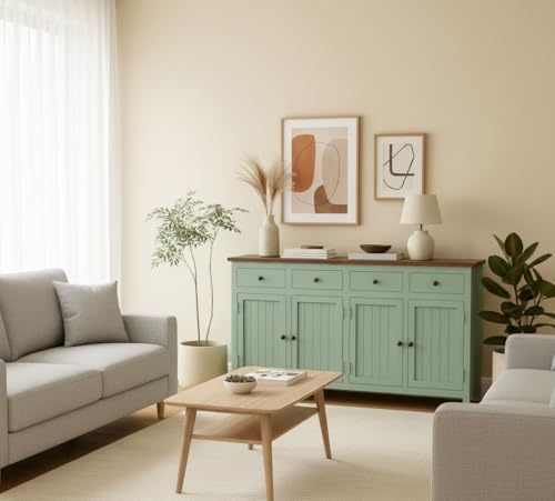 Image of Solid Wood Madrid(L) Sideboard for Living Room | Kitchen Storage Cabinet | Crockery Storage Unit | Storage Cabinet (Finish- Scratch Resistant Tubaq Top and Sage Green)