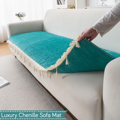 Image of HOKIPO 'Serenity Tassel' Chenille Sofa Cover 3 Seater and 2 Seater with Tassels | Ocean Teal (IN-891 + IN-892 - SBL)