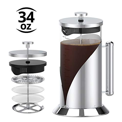 French Press Coffee Maker, 304 Stainless Steel Bracket Coffee Press with 4-Level Filtration