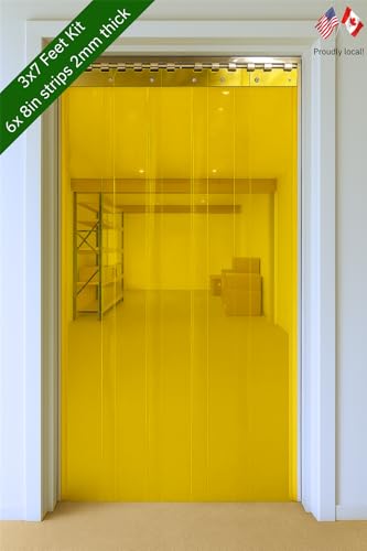 Image of Byson PVC Strip Curtain Door Kit 3 x 6.5 Feet Coldroom Vinyl Clear, Stainless Steel Rail and Clamps (PVC with Yellow Tint)