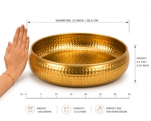 Image of Hammered Iron Metal Decorative Bowl with Golden Finish, 12 Inch Large Urli Bowl for Home Decor, Floating Flowers & Tea Light Candles, Center Table Diwal Decor & Festive Gifting