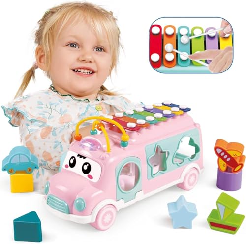 Image of Cable World Baby School Bus Xylophone Toy for Toddlers 1-3, Baby Musical Bus Toys for 1 Year Old Girl, Shape Sorting Toys Knocking Xylophone Educational Musical Instruments Toy (Pink)