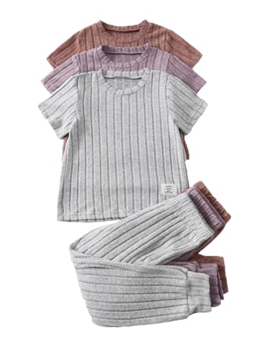 Image of Girls 6 Pieces Knit Outfits Short Sleeve Tee Tops and Pants Clothing Set 4-12Y