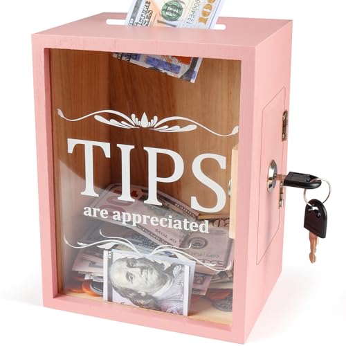 Yamahiko Wooden Tips Jar Tip Collection Box with Lock 6 x 4¾ x 7¾ Inch Money Coin Storage Container Donation Collection Suggestion Raffle Cash Box Jar for Restaurants Musicians Bartender Bars, Pink by Yamahiko - Used condition - US$19.46