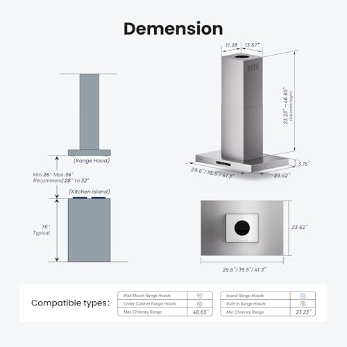 VIKIO HOME Island Range Hood 1200 CFM, 30 Inch Stainless Steel Ducted Island Mount Range Hood, Gesture Sensing & Touch Control, 3-Speed Fan by VIKIO HOME - Image 2