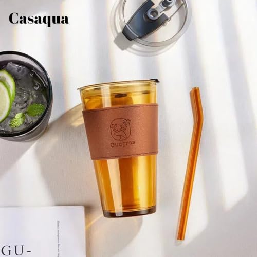 Image of Glass Tumbler with Lid & Straw - 450ml, Set of 1, Iced Coffee Cup, Clear Drinking Glass with Silicone Grip Sleeve, Leak-Resistant Lid, Travel Tumbler for Coffee, Tea, Smoothies & Office Use