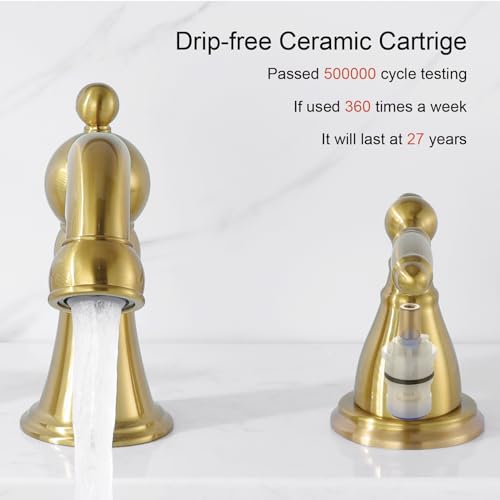 RKF Bathroom Faucets for Sink 3 Hole Gold 8 inch Widespread Bathroom Sink Faucet with Drain Double Lever Handle Faucet Bathroom Vanity Faucet Basin Mixer Tap WF013-BG by RKF - Used condition - Image 3