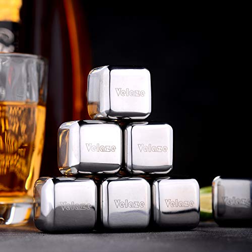 Velaze Edelstahl-Eiswürfel, 8er-Set 304 Eiswürfel Edelstahl mit 1 Zange und Geschenkbox, wiederverwendbare Eiswürfel, ideal für Wein, Wodka, Likör, Saft oder Limonade