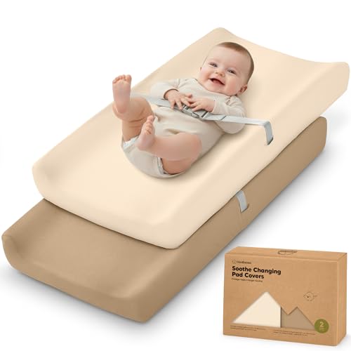 Image of 2-Pack Organic Changing Pad Covers for Girl, Boy, Neutral - 100% Cotton Changing Table Pad Cover, Soft Baby Nursery Diaper Changing Pad Sheets, Contour Changing Pads Liners, Change Pad Cover (Pecan)