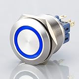 Flacher LED Schalter - Durchmesser Ø 25 mm - aus V2A Edelstahl - staub- und wasserdicht nach IP67 Schutzstandard AC/DC - witterungsbeständig und langlebig - Blau