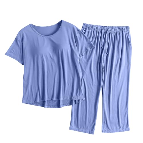 Lounge Sets For Women Built In Bra Short Sleeve Crew Neck Tops & Capris Modal Casual Fashion Homewear For Going Out