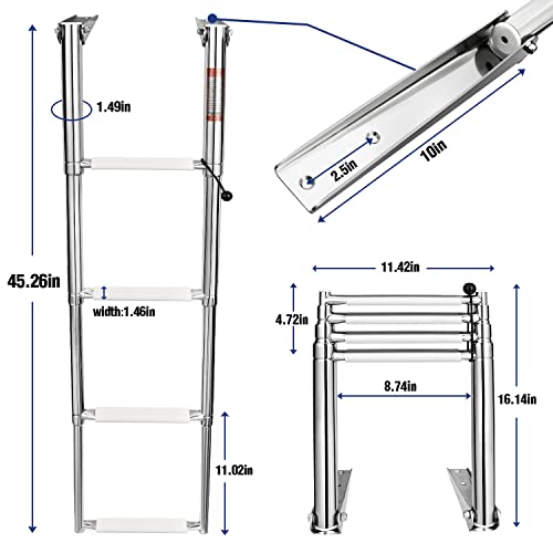 YOUNG MARINE 4 Steps Stainless Steel Drop Down Telescopic and Folding Boat Ladder with White Plastic Footboard,Over Platform Mounting by Young Marine - Used condition - US$46.86