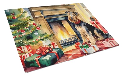 Caroline's Treasures DAC2762LCB Welsh Terrier Cozy Christmas Glass Cutting Board Large Decorative Tempered Glass Kitchen Cutting and Serving Board Large Size Chopping Board