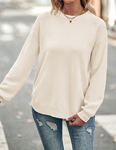 Merokeety Women's Long Balloon Sleeve Crew Neck Sweater Tops Waffle Knit Soft Pullover Jumper, Beige, S #TOP1