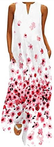 Women's Casual Dress Ethnic Printed Vintage V Neck Gowns Kaftan Irregular Hem Maxi Dress Long Dress with Pockets Summer Sundress Daily Wear Streetwear(6-Pink,16) 0237