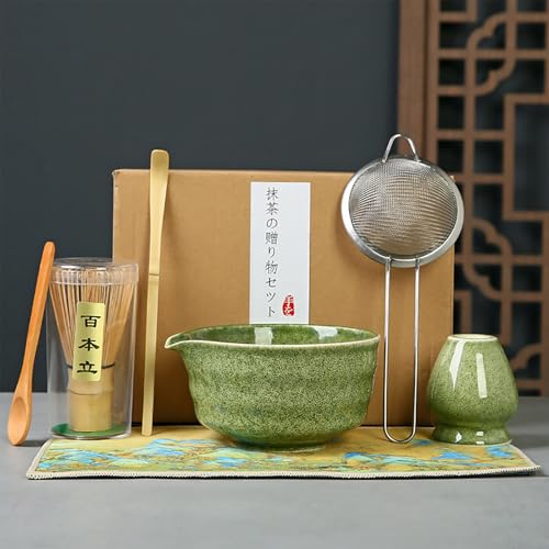Juego de Ceremonia Japonesa de Matcha 7 Piezas – Cuenco, Batidor de Bambú, Cuchara, Colador, Soporte de Batidor y Cucharas – Kit Completo para Té Matcha, Ideal para Hogar y Regalo (Verde Oscuro)
