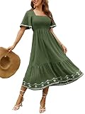 Glamaker Women's Short Sleeve Smocked Square Neck A Line Summer Flowy Midi Dress Grass Green X-Large