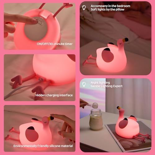 Pink Flamingo Night Light for Kids, Dimmable Silicone LED Baby Nursery Night Light, Funny Nightlight Girls Trendy Gifts, Rechargeable Bedside Lamp Kawaii Pink Decor for Bedroom Home Office — 사진 4
