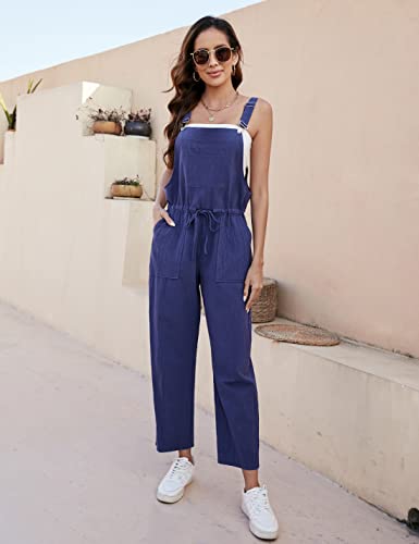 Yeokou Women's Fashion Cotton Linen Adjustable Strap Drawstring Waist Bib Overalls Jumpsuit（Navyblue-L） #TOP2