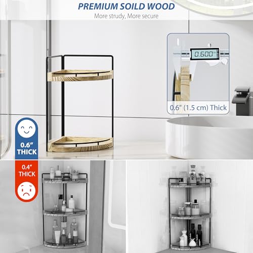 Image of Corner Bathroom Counter Organizer, 2 Tier Wood Vanity Storage, Waterproof Skincare Shelf for Kitchen & Toiletries Decor, Dresser (Rustic-2 Tier)