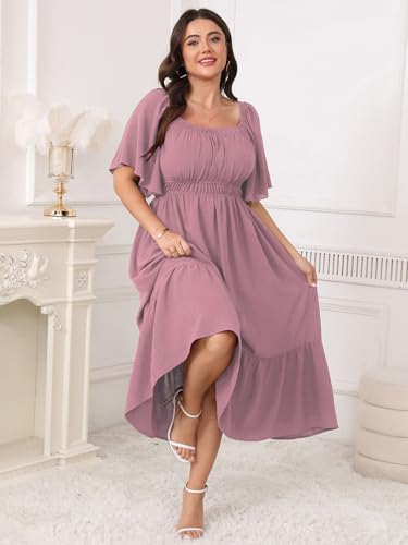 Image of CICIDUDU Plus Size Smocked Maxi Dresses for Curvy Women Square Neck Flowy Casual Summer Wedding Guest Dress