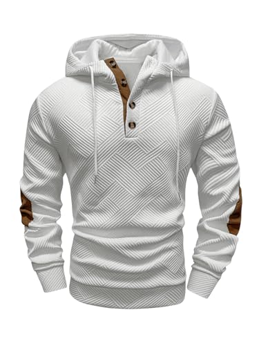 Men's Textured Button Front Hoodie Sweatshirts Drawstring Jacquard Pullover Hoodies
