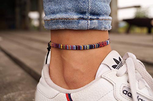 Boho Surfer Anklet Unisex - Ethnic Ankle Bracelet Women & Men - Handmade Beach Jewelry & Festival Accessories - 100% Waterproof & Adjustable - Thin String Rope Hippie Anklet (Dark Multi) #TOP1