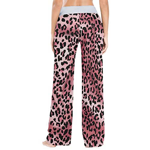 Women Long Pajama Pants Bottoms Drawstring Pj Wide Leg Casual Pink Leopard Print Cheetah #TOP3