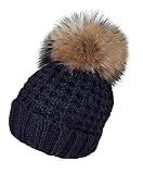 MERRYLAND Mütze Schwarz Echtfellbommel Pudelmütze ECHTFELL Bommelmütze Black Hat Real Fur Handmade Fellbommel Echt Fell Strickmütze Bommel Pelzbommel Waschbär Raccoon Pelz