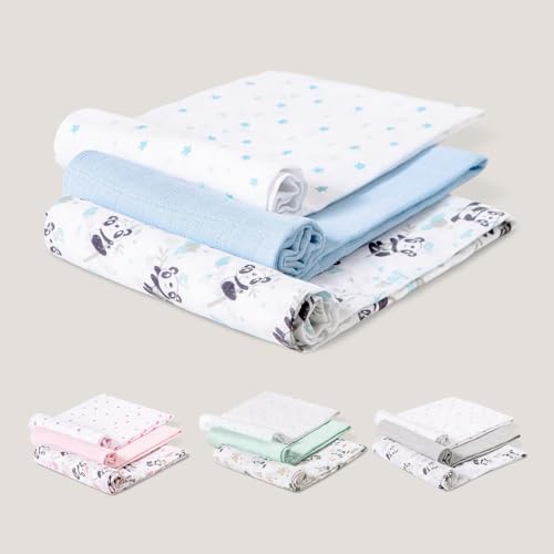Interbaby Muselinas bebé algodão 80x80cm | Pack 3 Gaze para bebés recém-nascidos, amamentação, toalha, manta | Muselinas bebé confortável, suave, respirável | Design Panda Azul