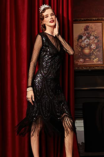 Babeyond Women's Gatsby Dress - Flapper Dress 1920S Long Sleeves Sequin Beaded Dress For Party Black #TOP3