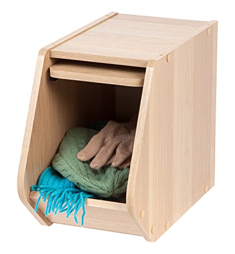 Image of IRIS USA Modular Wood Stackable Storage Box with Sliding Door, Narrow, Light Brown