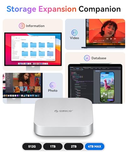 Image of ORICO MiniMate Pro+ 40Gbps Mac mini M4 Docking Stand & Hub with Built-in 1TB NVMe SSD (Non-Removable) Mac mini M4 and M4 Pro 2025, Aluminum USB4 Dock, 3.5mm Audio I /O, 2xUSB-A, Compatible with USB4