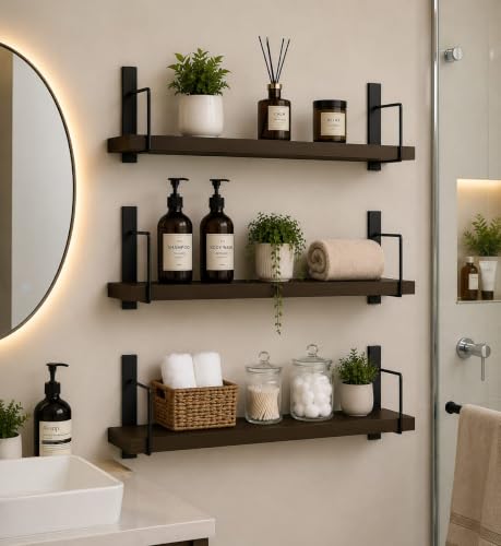 Image of Wooden Wall Shelf for Books | Wall Mounted Bookshelf for Living & Bedroom | Floating Wall Bookshelf | Book Shelf Wooden Wall Mounted | Decorative Wall Shelf Rack Brown, 16X6X6,Set of 3