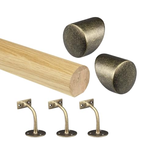 Image of Oak Round Mopstick Handrail Kit with Wall Brackets & Forge End Caps – 1800–4200mm, Chrome/Black/Brushed Nickel/Antique Brass (Antique Brass, 1800mm)