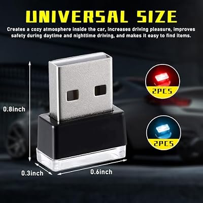 Augeny 4 PCS USB LED Car Interior Atmosphere Lamp, Plug-in USB Decor Night Light, Portable Auto Ambient Lighting Kit, Universal Vehicle Interior Accessories for Most Cars (2 Red+2 Ice Blue)