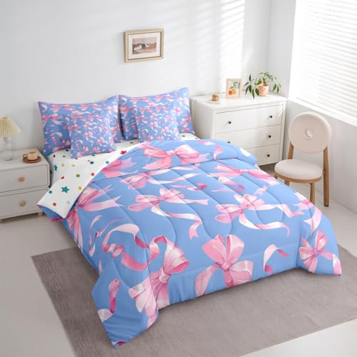 Image of Princess Bow Full Size Bed Sheets and Comforter Set | Kawaii Bow Tie 7 Piece Bedding Set Pink Bowknot Bed in a Bag, Dreamy Ribbon Bow-Tie Room Decor,Blue