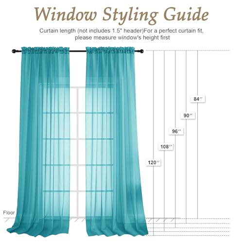 Image of OVZME Turquoise Bedroom Curtains 2 Panel Sets 96 Inch Length, 59 Inch Extra Wide Light Filtering Voile Drapes Light Airy Window Drapes for Patio Door Living Room Bedroom Dining, 59Wx96L Inches