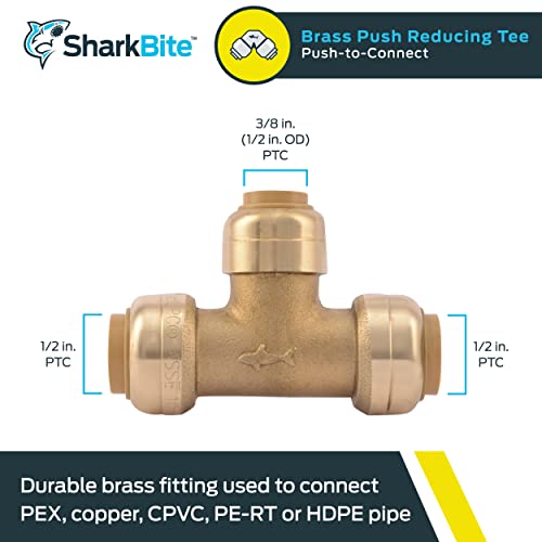 Sharkbite 1/2 Inch x 1/2 Inch x 3/8 Inch (1/2 Inch OD) Reducing Tee, Push to Connect Brass Plumbing Fitting, PEX Pipe, Copper, CPVC, PE-RT, HDPE, U363LFA by SharkBite - Image 2