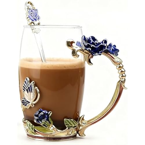 Gifts for Mom Women Unique Blue Tea Mug With Spoon Set & Flower Decoration - Top Birthday Christmas Gifts For Women Mom Who Has Everything