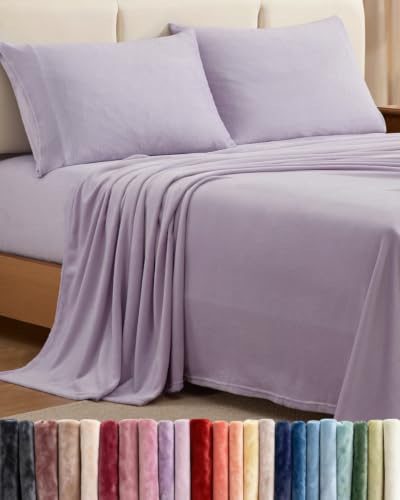 Image of Fleece Sheets Queen Size Set - 4-Piece Flannel Sheet Set - Pastel Lilac