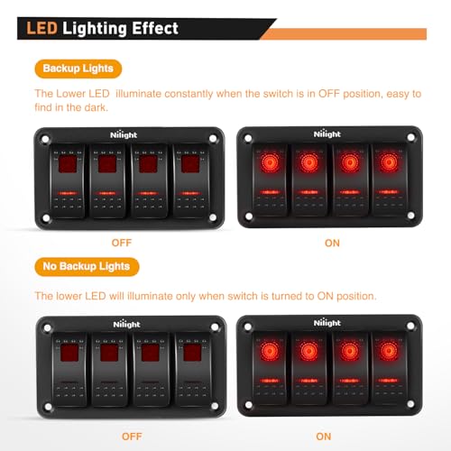 Image of Nilight 4 Gang Rocker Switch Panel SPST On Off Toggle with DIY Label Sticker | 5PIN Electrical 12V /20A 24V /10A Aluminum Plate with Pre-Wired Jumper Wires for LED Light Bar RV Boats 4X4 Cars Red