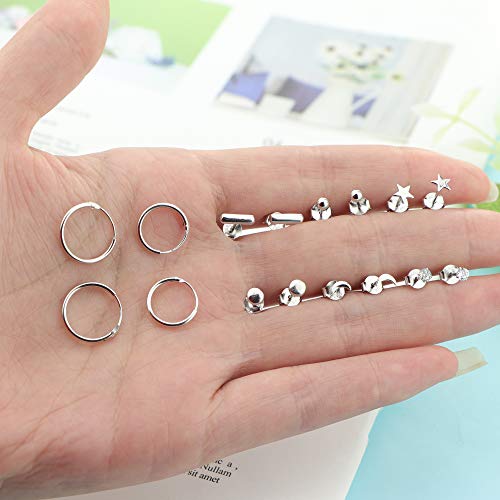Milacolato 8 Pairs Sterling Silver Stud Earrings Set For Women 14K White Gold Plated Ball Dot Cz Star Moon Bar Tiny Earring Small Hoop Cartilage Earrings Set #TOP5