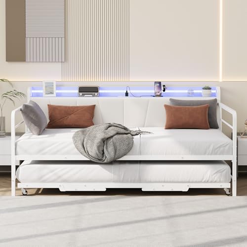 IDEALHOUSE Daybed with Trundle Bed, Twin Bed Frame with Linen Upholstered Storage Headboard & Charging Station and LED Light, Heavy Duty Metal Day Bed Pop Up Trundle Bed for Living Room,Bedroom, White by IDEALHOUSE - Image 7