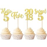Xsstarmi Lot de 24 décorations de cupcakes pour 5e anniversaire depuis 2018 - Numéro Five Hello 5 Years Old - Décorations de gâteaux pour 5e anniversaire de mariage - Doré