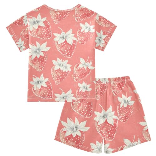 ALAZA Watercolor Strawberry Lovely Pajamas Set Short Sleeve Cotton Sleepwear Summer Pjs 2 Piece 5-14Y2